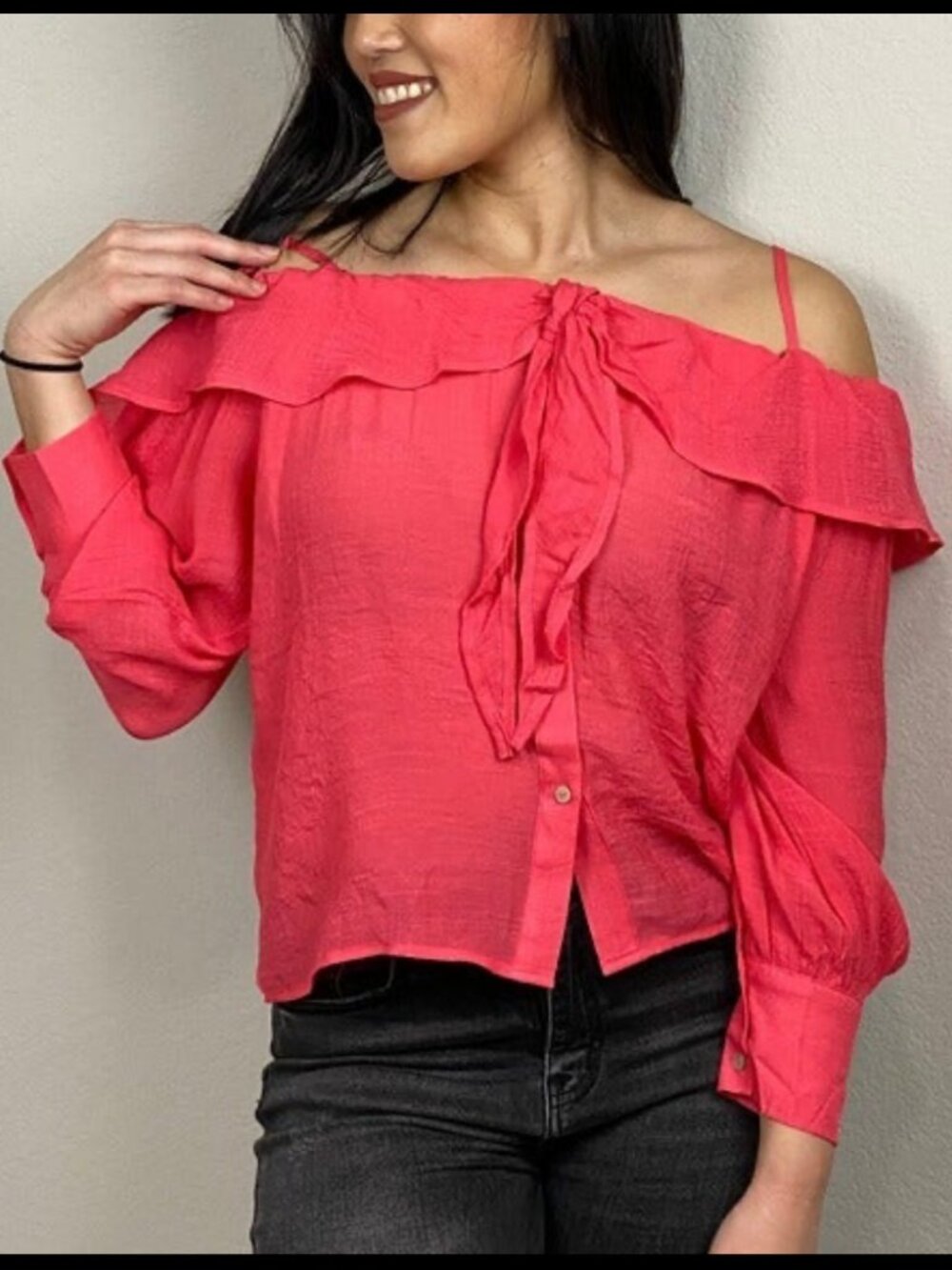 Coral Button Down Off Ruffle Off the Shoulder Top
